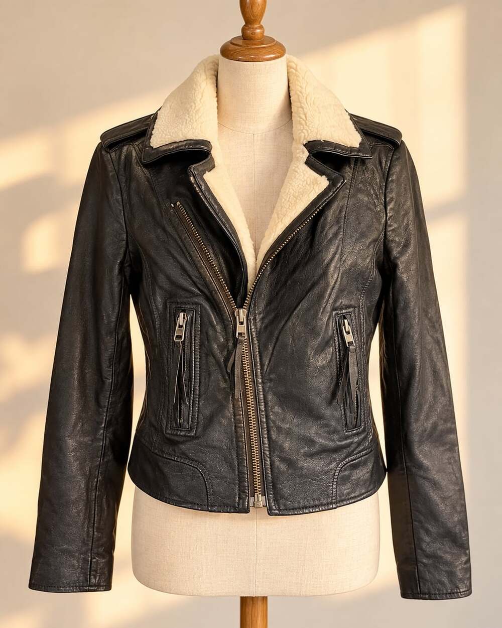 Joie Ailey E Lamb Leather Shearling Moto Jacket Black Biker Y2K Grunge S